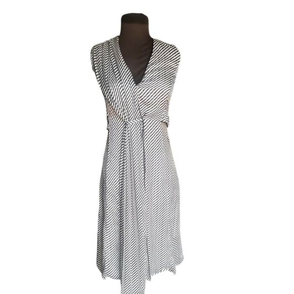 Deborah Lyons Ashley Midi Dress 2 Black Striped Crepe Luxury Old Money Ladylike - Picture 3 of 10